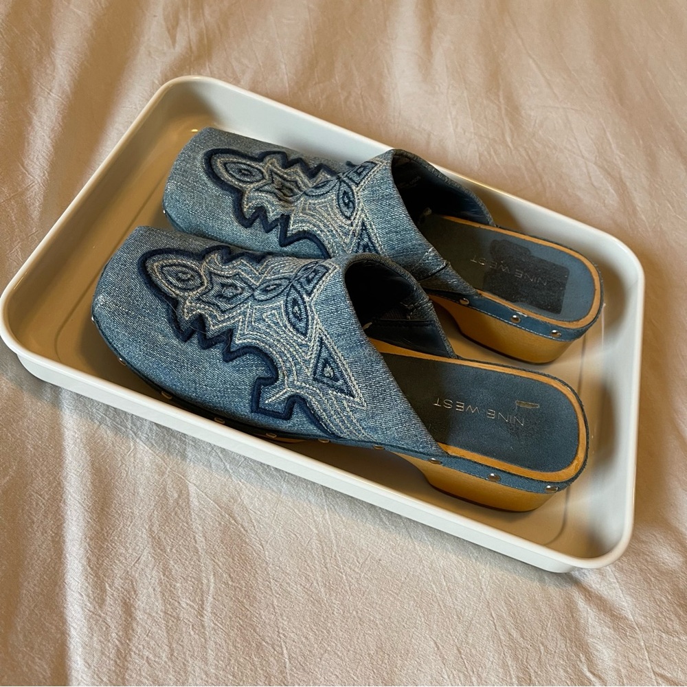 Nine West Blue Embroidered Women's Mules